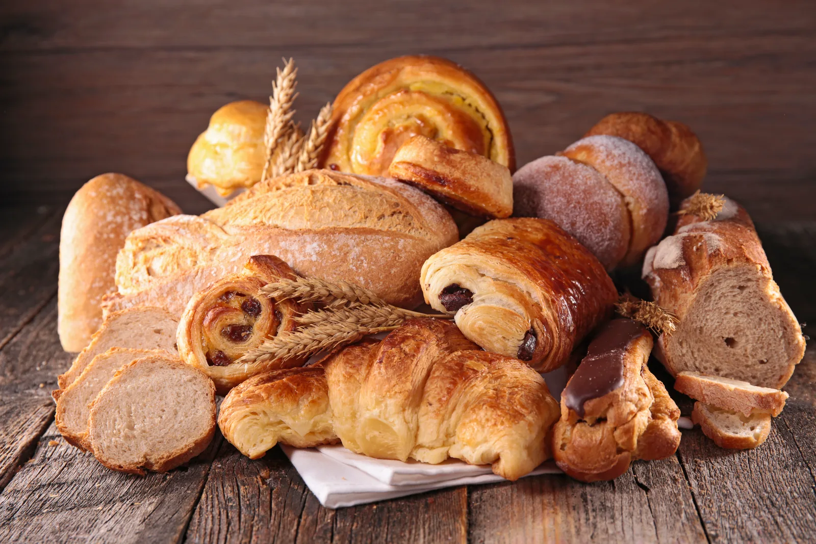 Bread, croissants and pastries of the kind inspected on a bakery line