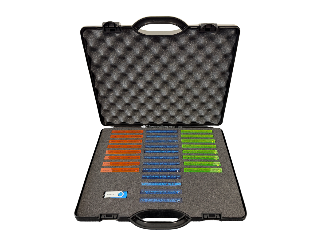 Detectronic test stick kit — a case of colour-coded certified test sticks in ferrous, stainless and non-ferrous