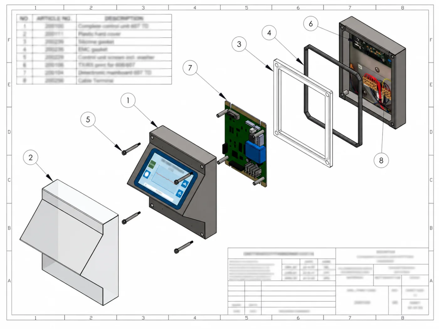 Vista despiezada de la unidad de control completa Detectronic 607 TD que muestra la cubierta, las juntas, la placa base y la placa TX/RX