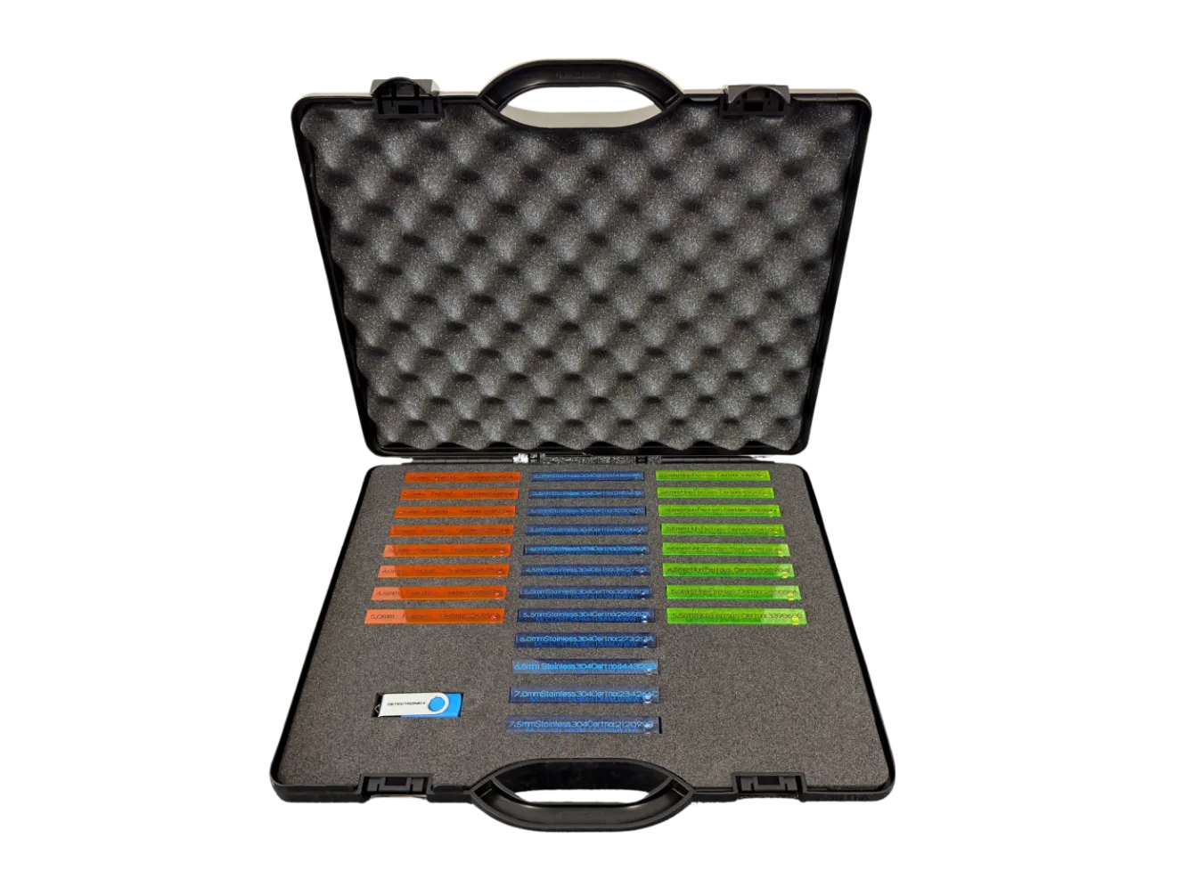 Kit de varillas de prueba Detectronic: una caja de varillas de prueba certificadas y codificadas por colores en materiales ferroso, inoxidable y no ferroso