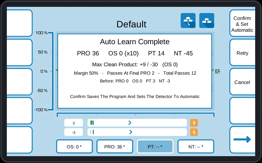 SmartLogic touchscreen showing Auto Learn Complete with the learned setting and margin