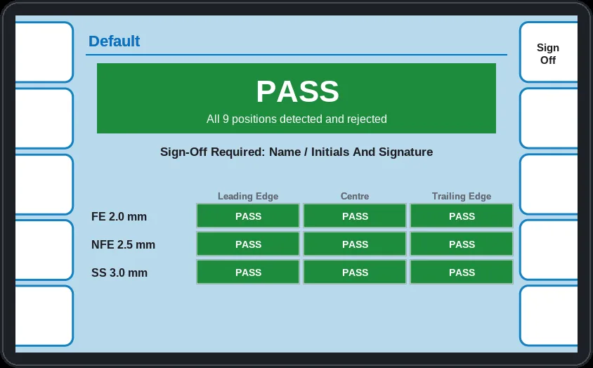 SmartLogic PVS result screen showing PASS with all nine positions detected and rejected