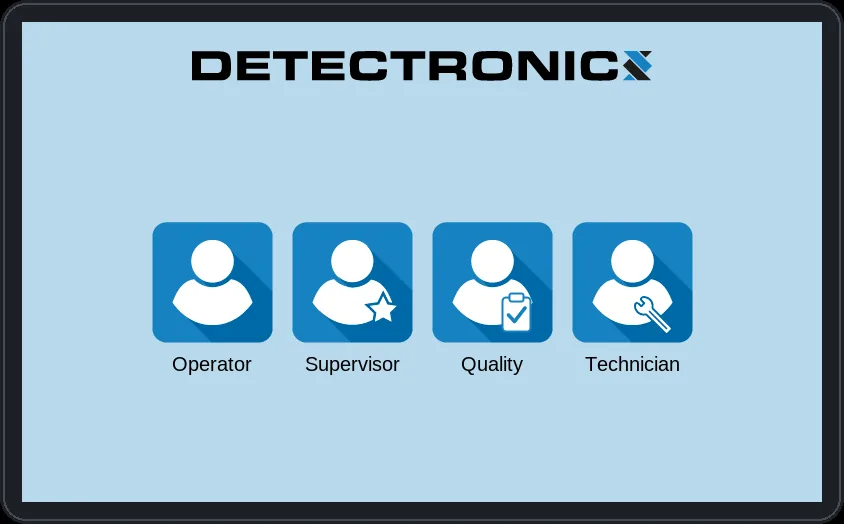 SmartLogic login screen with the four user levels Operator, Supervisor, Quality and Technician